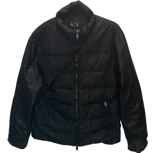 Vintage Armani Exchange Black Womens XL Puffer Coat Jacket 90's Y2K Faux Leather - Picture 1 of 10